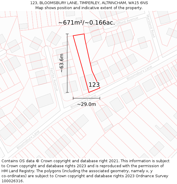 123, BLOOMSBURY LANE, TIMPERLEY, ALTRINCHAM, WA15 6NS: Plot and title map