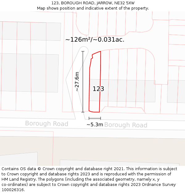 123, BOROUGH ROAD, JARROW, NE32 5XW: Plot and title map