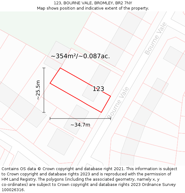 123, BOURNE VALE, BROMLEY, BR2 7NY: Plot and title map