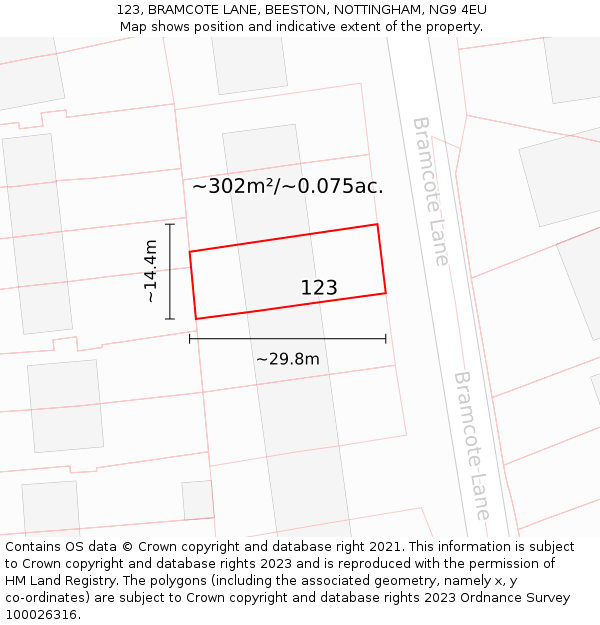 123, BRAMCOTE LANE, BEESTON, NOTTINGHAM, NG9 4EU: Plot and title map