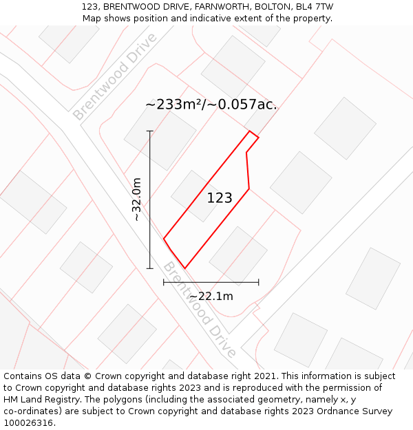 123, BRENTWOOD DRIVE, FARNWORTH, BOLTON, BL4 7TW: Plot and title map