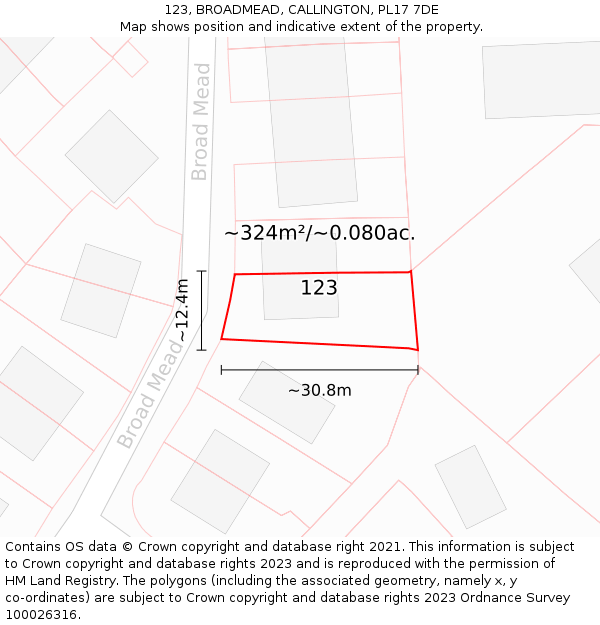 123, BROADMEAD, CALLINGTON, PL17 7DE: Plot and title map