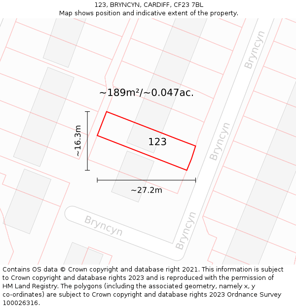 123, BRYNCYN, CARDIFF, CF23 7BL: Plot and title map
