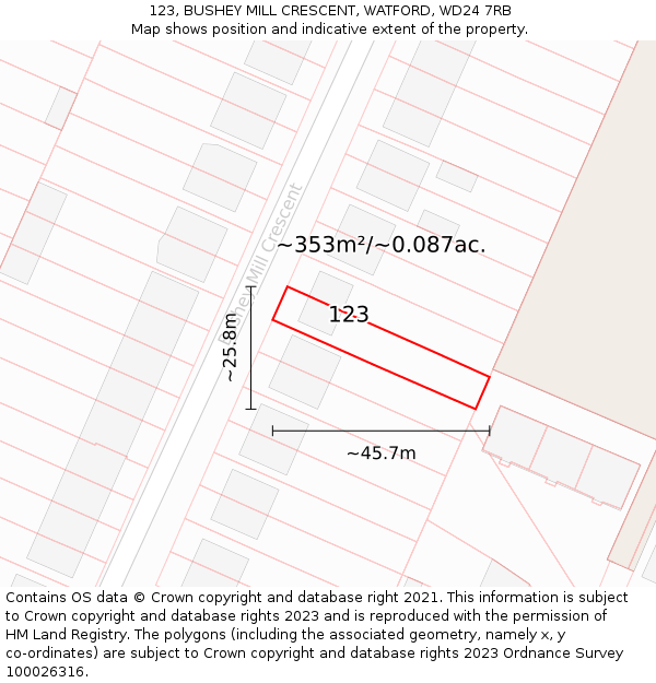 123, BUSHEY MILL CRESCENT, WATFORD, WD24 7RB: Plot and title map