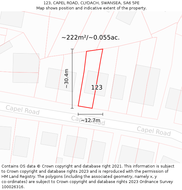 123, CAPEL ROAD, CLYDACH, SWANSEA, SA6 5PE: Plot and title map