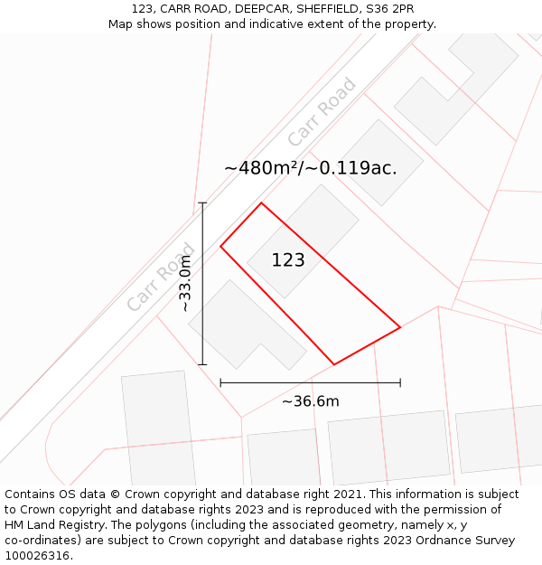 123, CARR ROAD, DEEPCAR, SHEFFIELD, S36 2PR: Plot and title map