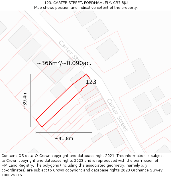 123, CARTER STREET, FORDHAM, ELY, CB7 5JU: Plot and title map