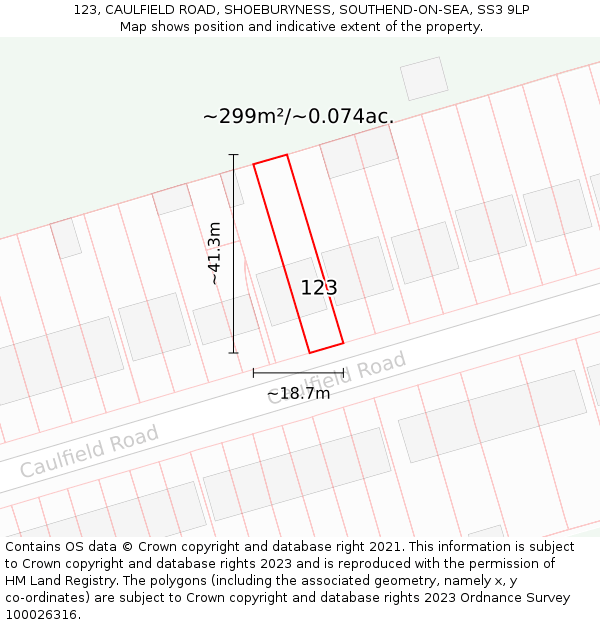 123, CAULFIELD ROAD, SHOEBURYNESS, SOUTHEND-ON-SEA, SS3 9LP: Plot and title map