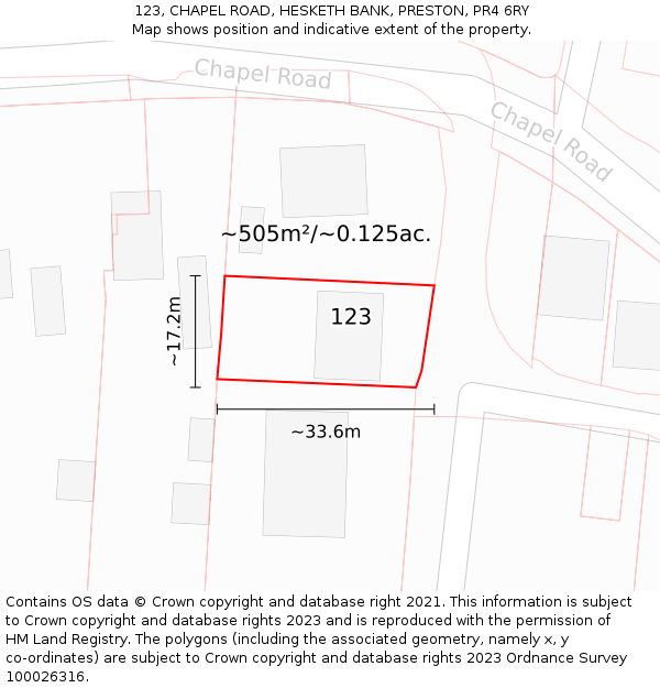 123, CHAPEL ROAD, HESKETH BANK, PRESTON, PR4 6RY: Plot and title map