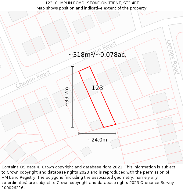 123, CHAPLIN ROAD, STOKE-ON-TRENT, ST3 4RT: Plot and title map