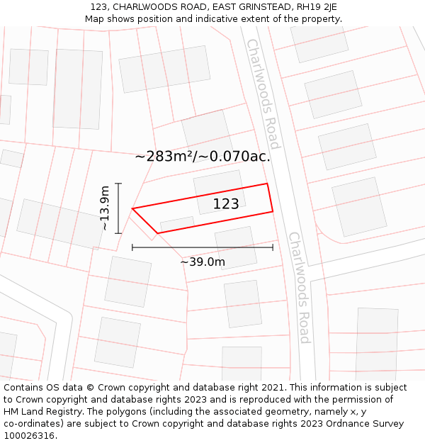 123, CHARLWOODS ROAD, EAST GRINSTEAD, RH19 2JE: Plot and title map