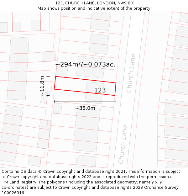 123, CHURCH LANE, LONDON, NW9 8JX: Plot and title map