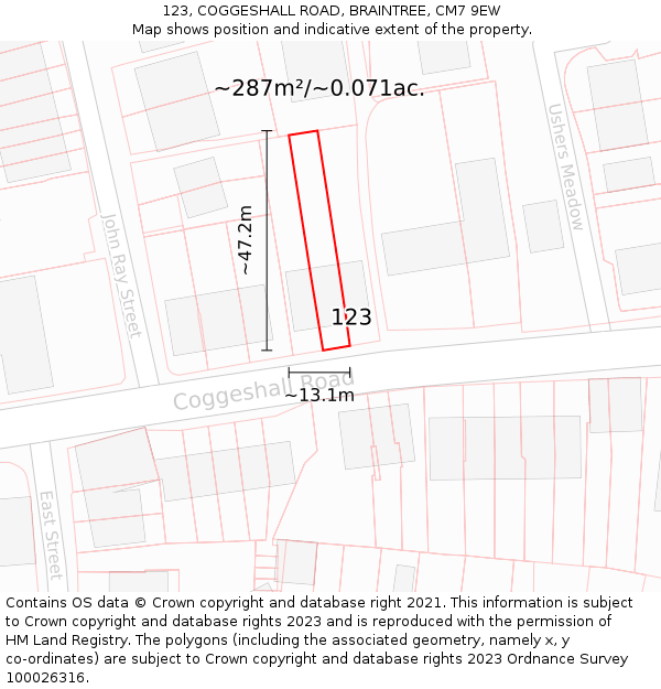 123, COGGESHALL ROAD, BRAINTREE, CM7 9EW: Plot and title map