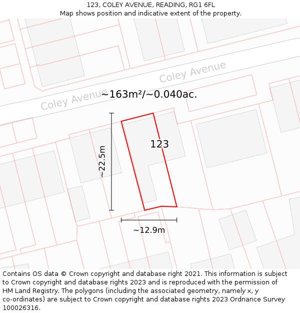 123, COLEY AVENUE, READING, RG1 6FL: Plot and title map