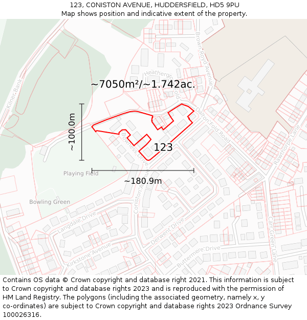 123, CONISTON AVENUE, HUDDERSFIELD, HD5 9PU: Plot and title map