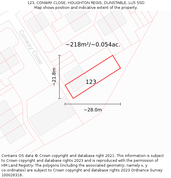 123, CONWAY CLOSE, HOUGHTON REGIS, DUNSTABLE, LU5 5SD: Plot and title map