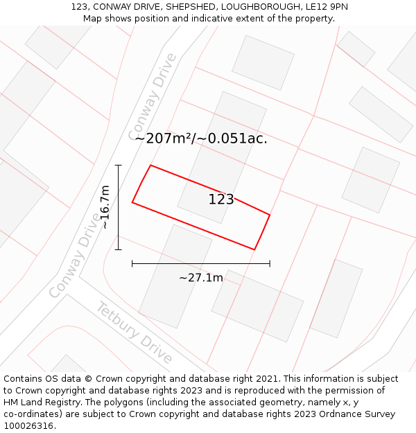 123, CONWAY DRIVE, SHEPSHED, LOUGHBOROUGH, LE12 9PN: Plot and title map