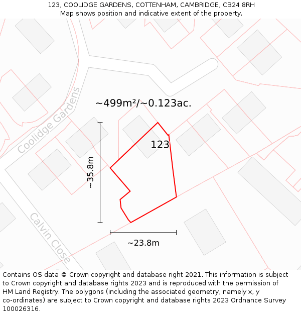 123, COOLIDGE GARDENS, COTTENHAM, CAMBRIDGE, CB24 8RH: Plot and title map