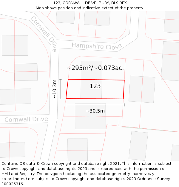 123, CORNWALL DRIVE, BURY, BL9 9EX: Plot and title map