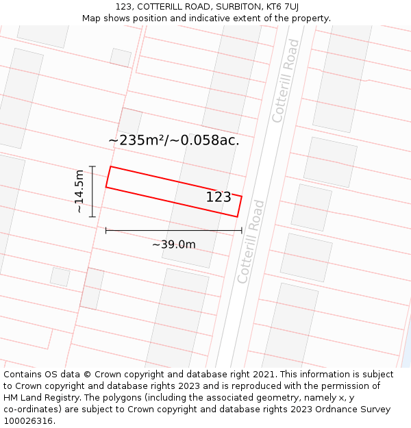 123, COTTERILL ROAD, SURBITON, KT6 7UJ: Plot and title map