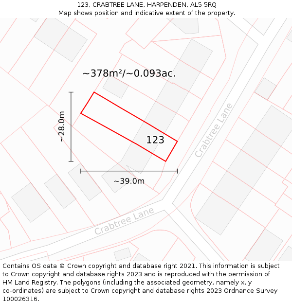 123, CRABTREE LANE, HARPENDEN, AL5 5RQ: Plot and title map