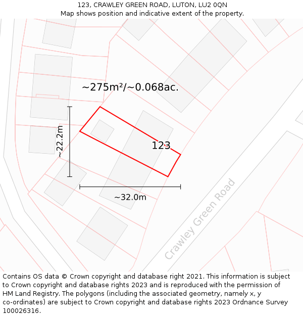 123, CRAWLEY GREEN ROAD, LUTON, LU2 0QN: Plot and title map