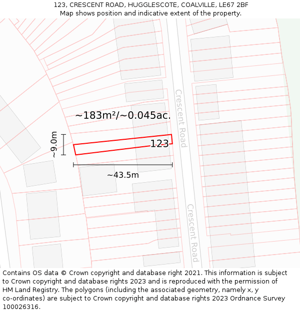 123, CRESCENT ROAD, HUGGLESCOTE, COALVILLE, LE67 2BF: Plot and title map