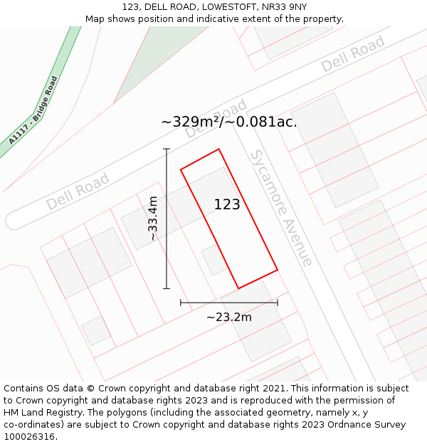 123, DELL ROAD, LOWESTOFT, NR33 9NY: Plot and title map