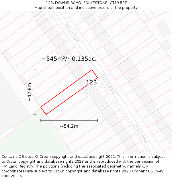 123, DOWNS ROAD, FOLKESTONE, CT19 5PT: Plot and title map