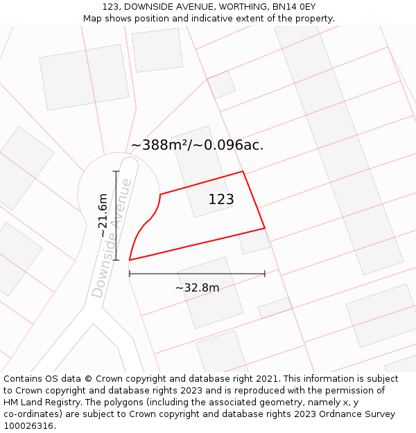 123, DOWNSIDE AVENUE, WORTHING, BN14 0EY: Plot and title map