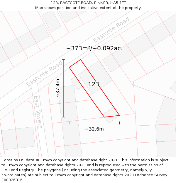 123, EASTCOTE ROAD, PINNER, HA5 1ET: Plot and title map