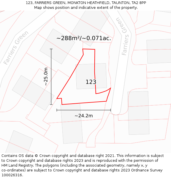 123, FARRIERS GREEN, MONKTON HEATHFIELD, TAUNTON, TA2 8PP: Plot and title map