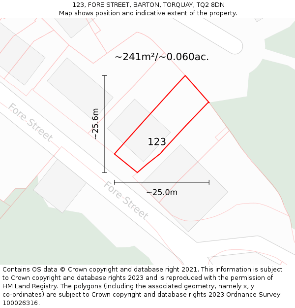 123, FORE STREET, BARTON, TORQUAY, TQ2 8DN: Plot and title map