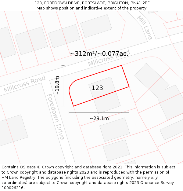 123, FOREDOWN DRIVE, PORTSLADE, BRIGHTON, BN41 2BF: Plot and title map