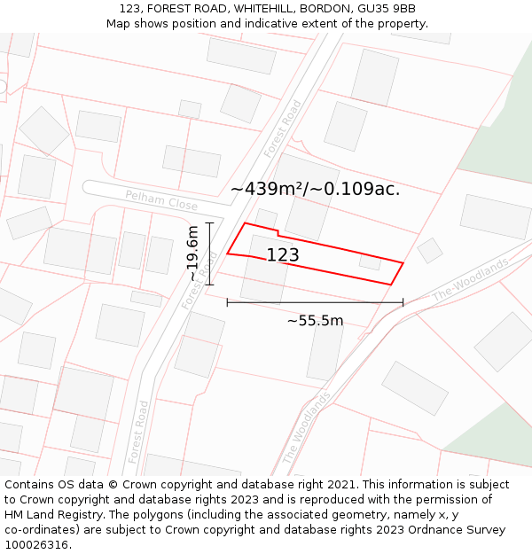 123, FOREST ROAD, WHITEHILL, BORDON, GU35 9BB: Plot and title map