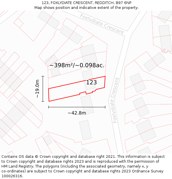 123, FOXLYDIATE CRESCENT, REDDITCH, B97 6NP: Plot and title map