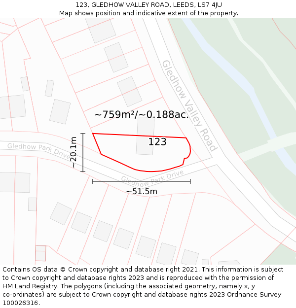 123, GLEDHOW VALLEY ROAD, LEEDS, LS7 4JU: Plot and title map