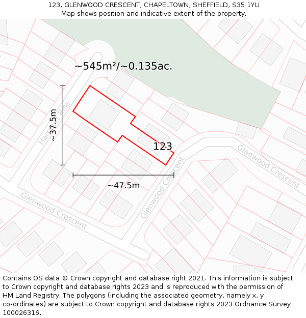 123, GLENWOOD CRESCENT, CHAPELTOWN, SHEFFIELD, S35 1YU: Plot and title map