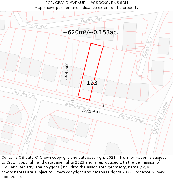 123, GRAND AVENUE, HASSOCKS, BN6 8DH: Plot and title map