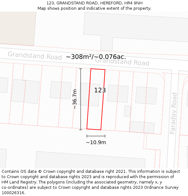 123, GRANDSTAND ROAD, HEREFORD, HR4 9NH: Plot and title map