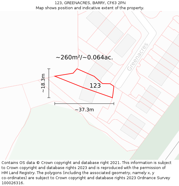 123, GREENACRES, BARRY, CF63 2PN: Plot and title map