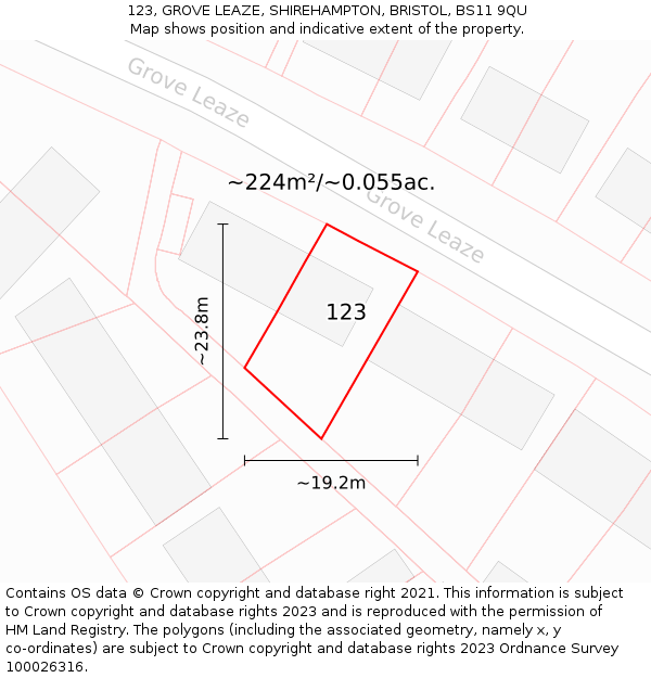 123, GROVE LEAZE, SHIREHAMPTON, BRISTOL, BS11 9QU: Plot and title map