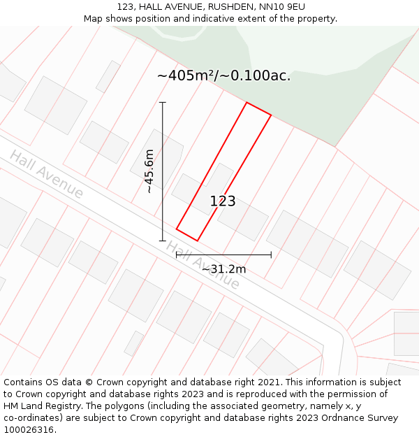 123, HALL AVENUE, RUSHDEN, NN10 9EU: Plot and title map