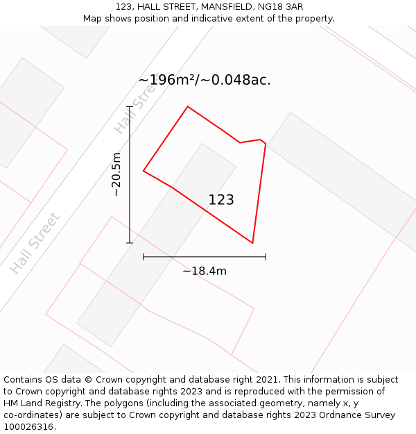 123, HALL STREET, MANSFIELD, NG18 3AR: Plot and title map