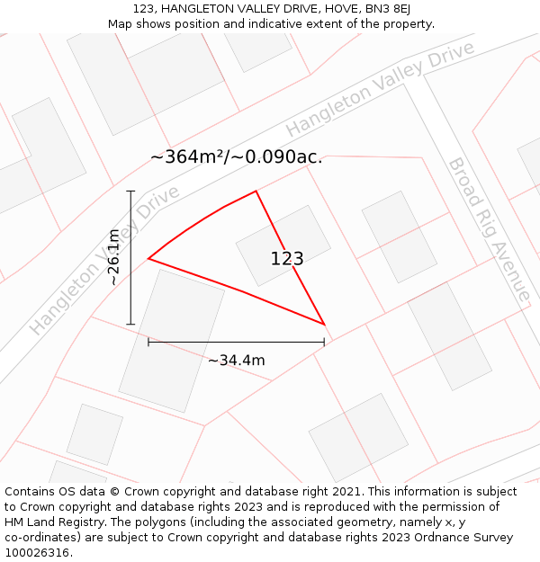 123, HANGLETON VALLEY DRIVE, HOVE, BN3 8EJ: Plot and title map