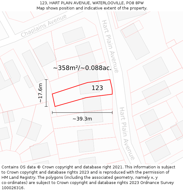 123, HART PLAIN AVENUE, WATERLOOVILLE, PO8 8PW: Plot and title map