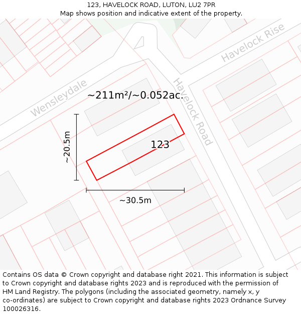 123, HAVELOCK ROAD, LUTON, LU2 7PR: Plot and title map