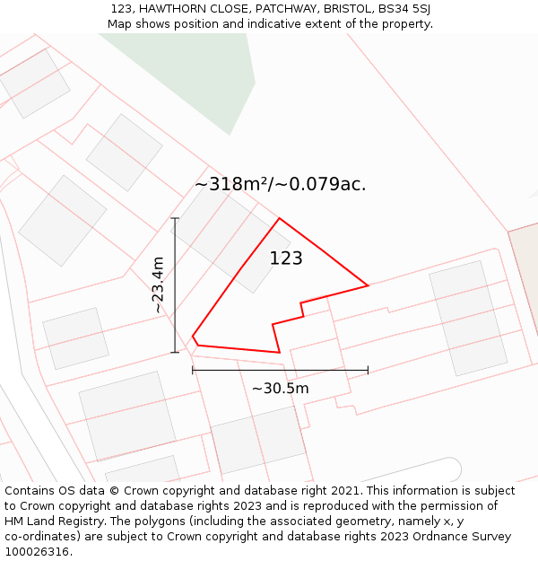 123, HAWTHORN CLOSE, PATCHWAY, BRISTOL, BS34 5SJ: Plot and title map