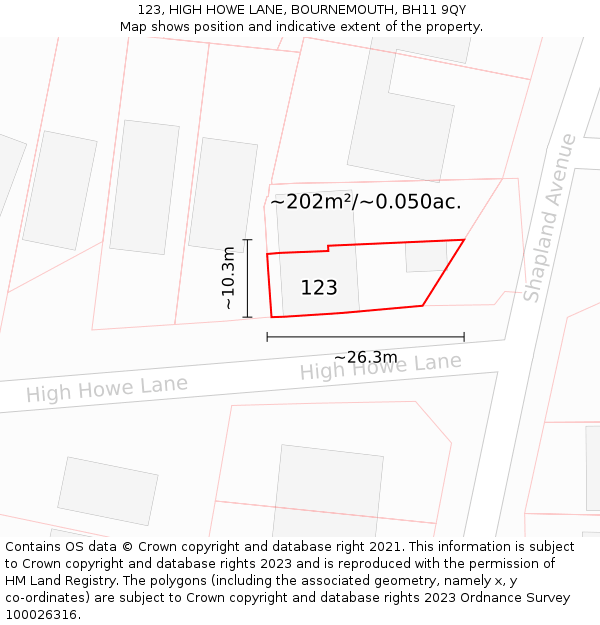 123, HIGH HOWE LANE, BOURNEMOUTH, BH11 9QY: Plot and title map