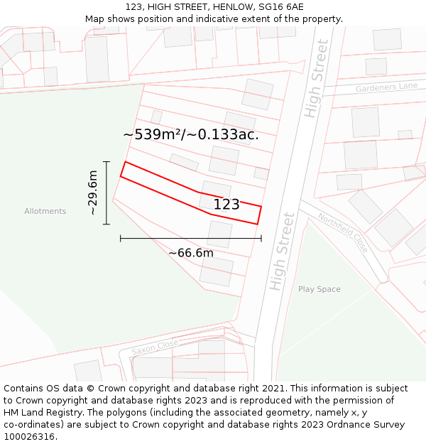123, HIGH STREET, HENLOW, SG16 6AE: Plot and title map